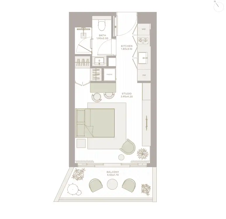 Studio apartment floor plan at Elm at ParkFive